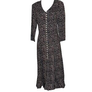 Vtg DBY Dark Floral Pearl Button Front Dress Black‎ Small Lace Up Back 90s Y2K